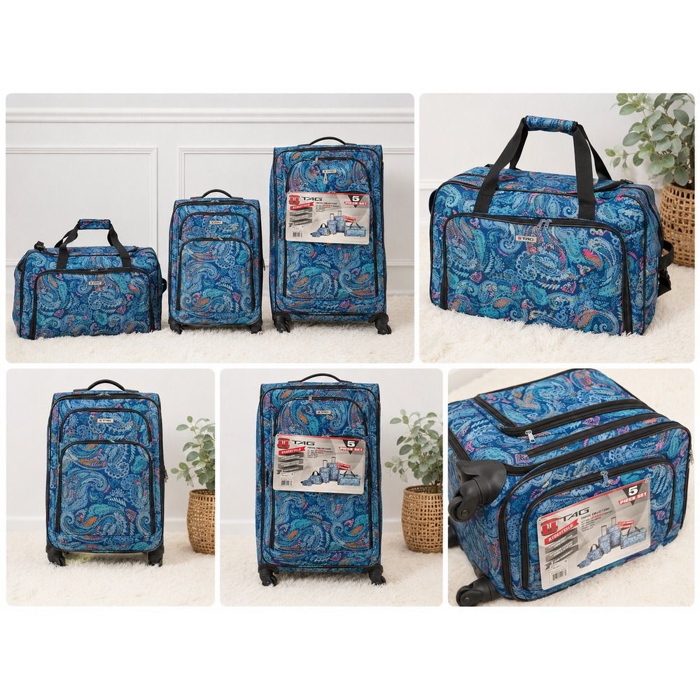 TAG Springfield 5 Piece Luggage Set Blue Paisley Rolling Suitcase Duffel Bag NEW